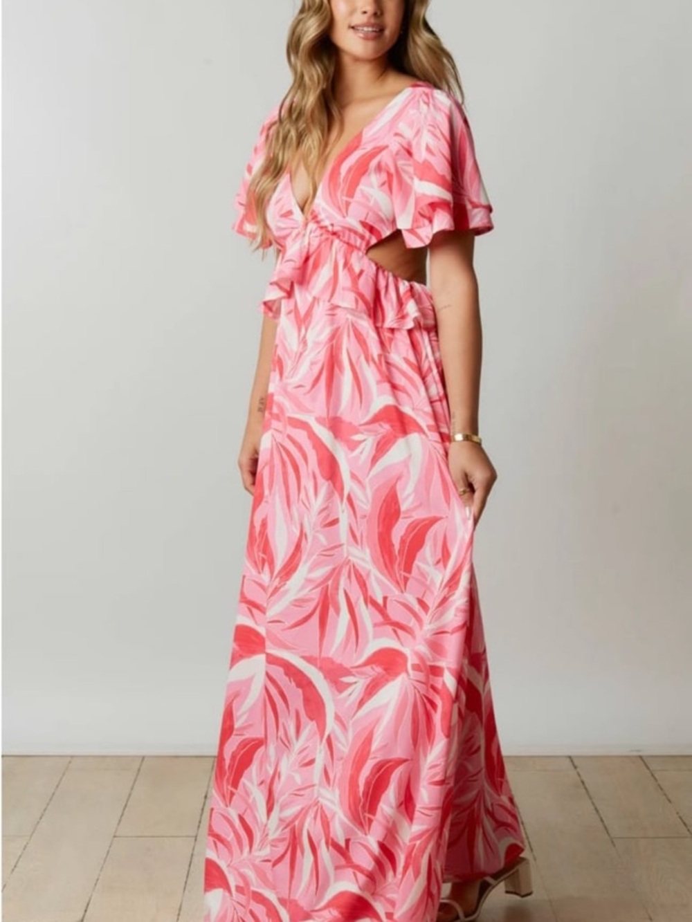 Pink Swirl V-Neck Ruffle Maxi Dress - Picture 2 of 4